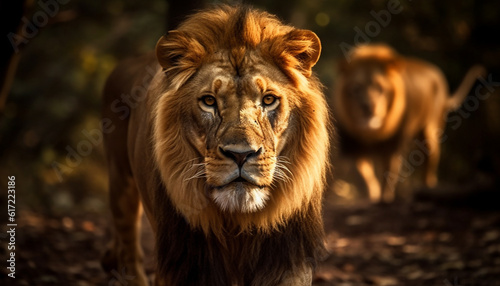 Majestic male lion walking in the African wilderness, staring ahead generated by AI