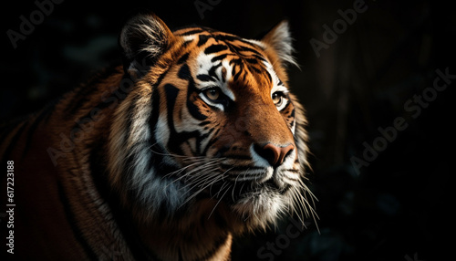 Bengal tiger staring, majestic and dangerous, in tropical rainforest generated by AI © djvstock