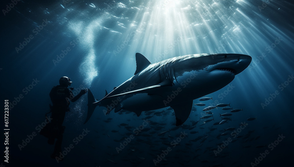Men explore majestic underwater seascape, encountering animal aggression and danger generated by AI Men explore majestic underwater seascape, encountering animal aggression and danger generated by AI