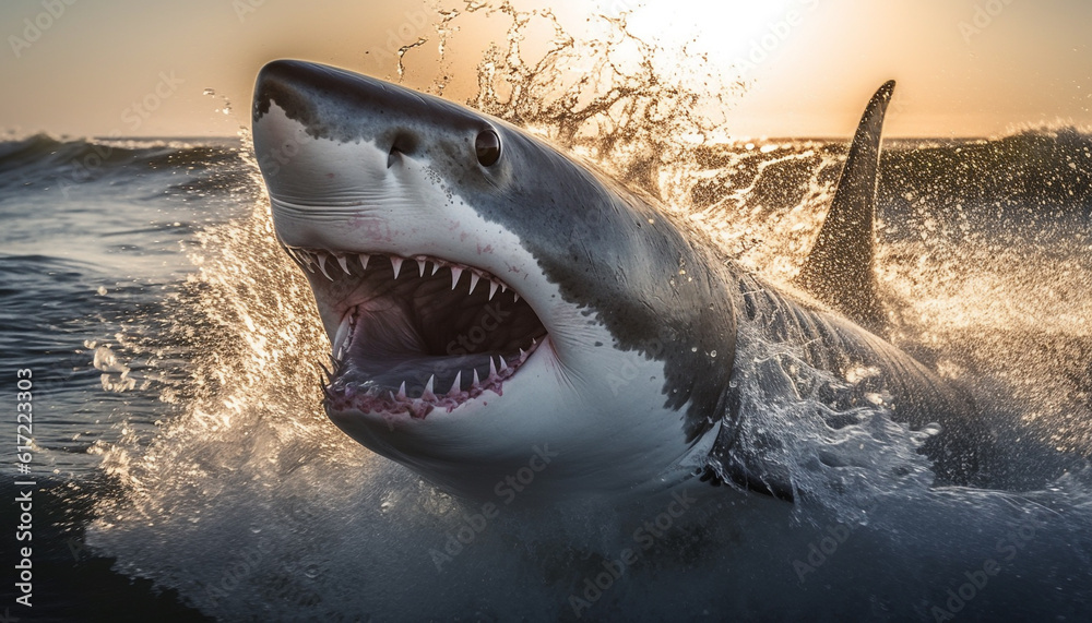 Naklejka premium Majestic dolphin jumping in the blue sea, teeth bared in aggression generated by AI