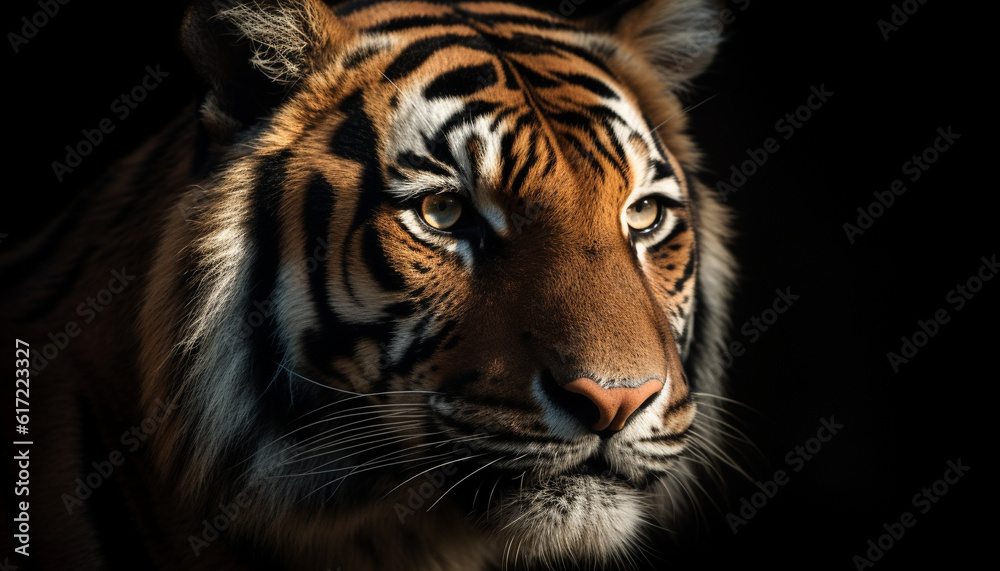 Majestic black jaguar staring, whiskers and fur in focus generated by AI Majestic black jaguar staring, whiskers and fur in focus generated by AI