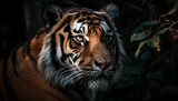 Beautiful Bengal tiger staring fiercely in the tropical rainforest generated by AI
