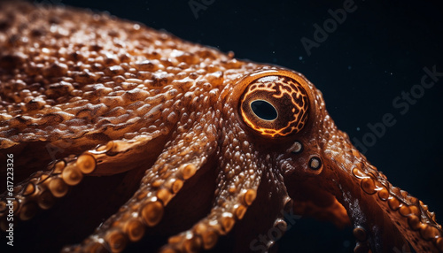 Sharp tentacle of yellow octopus in close up underwater portrait generated by AI
