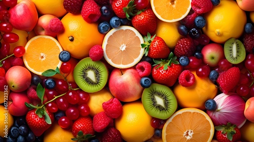 Assortment of vibrant and colorful fruit  strawberries  raspberries  oranges  grapes  kiwis  lemons  blueberries