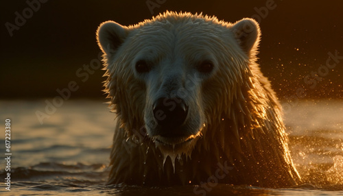 Retriever fur shines in sunlight, reflecting arctic beauty in nature generated by AI