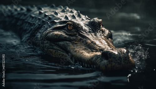 Crocodile resting in wet swamp, danger in close up animal teeth generated by AI