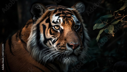 Beautiful Bengal tiger staring fiercely in the tropical rainforest generated by AI