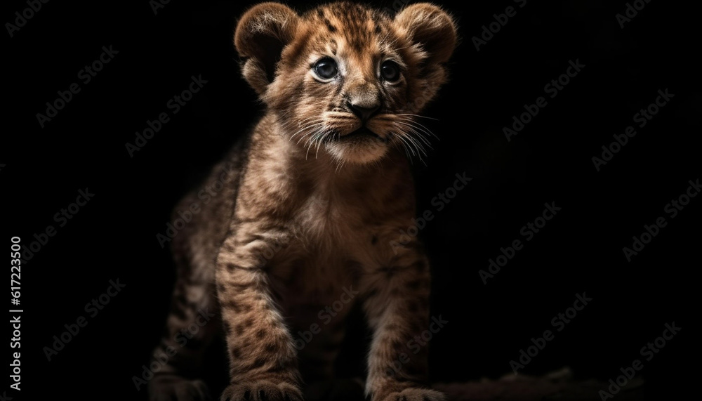 Obraz premium Endangered Bengal tiger cub staring, playful and majestic in studio generated by AI