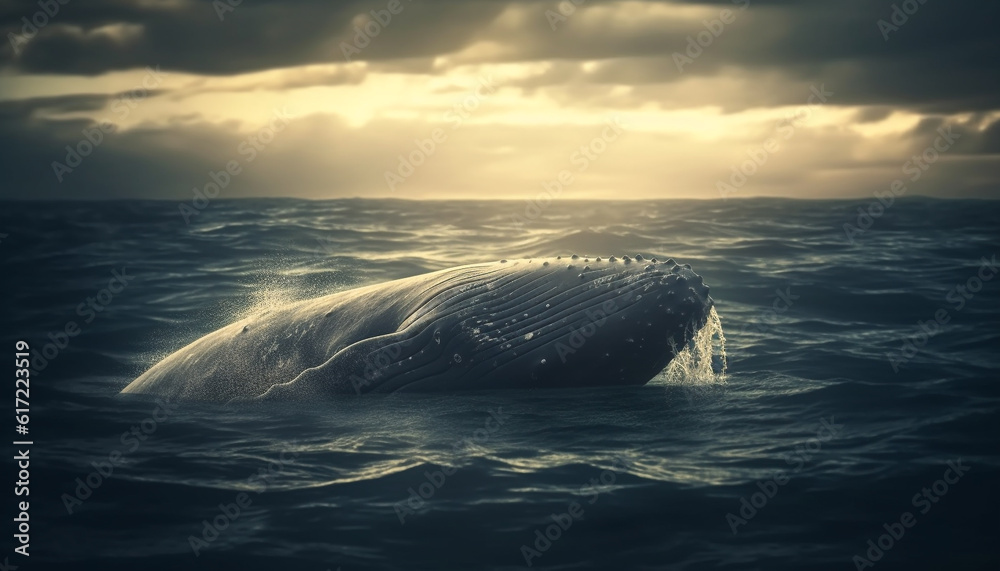Fototapeta premium Majestic humpback whale tail splashing in idyllic tropical seascape generated by AI
