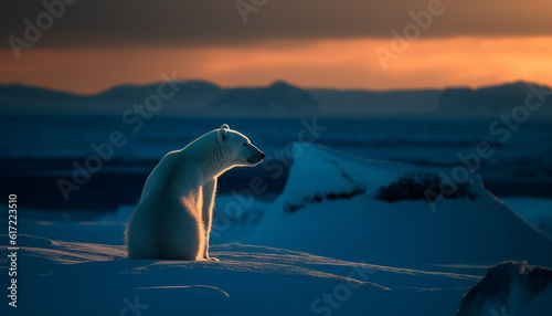 Majestic arctic mammal on tranquil ice floe at sunset generated by AI