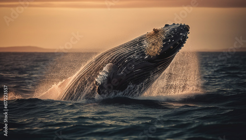 Majestic humpback whale breaches in the sunset, splashing in motion generated by AI © djvstock