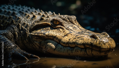 Large crocodile resting in swamp, its teeth and eye visible generated by AI