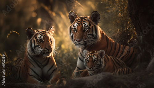 Bengal tiger cub staring at camera in grassy forest portrait generated by AI