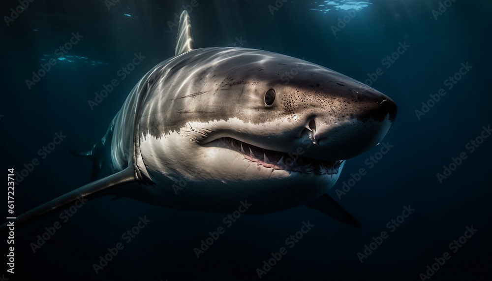 Naklejka premium Majestic dolphin swimming in deep blue sea, looking at camera generated by AI