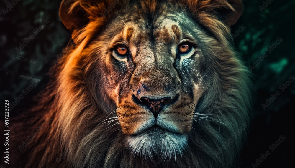 Fototapeta premium Majestic lion staring at camera, fur and mane in focus generated by AI