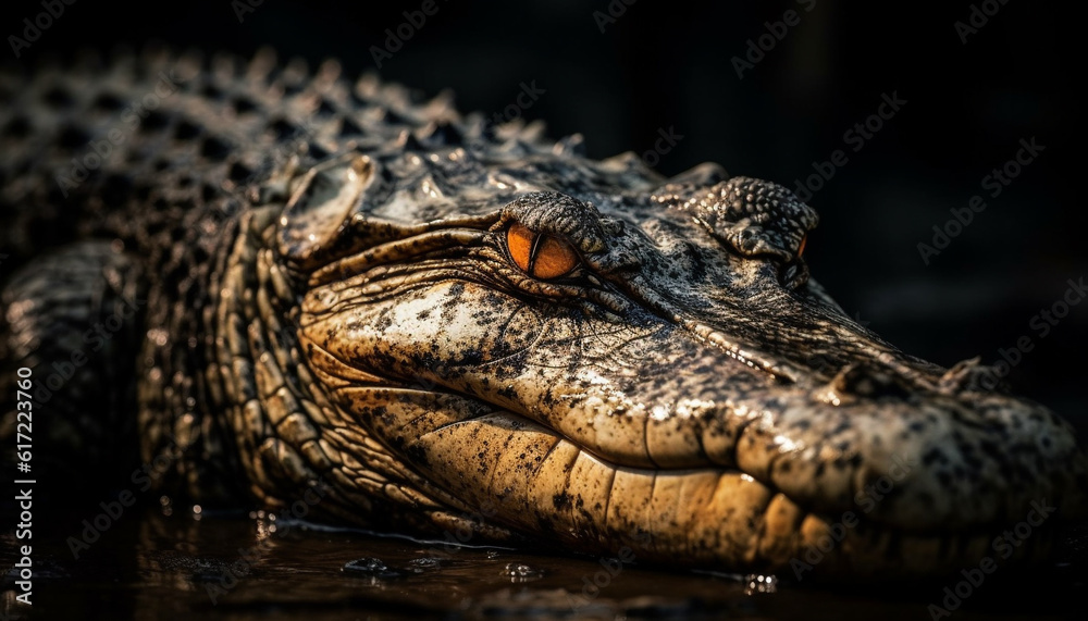 Large reptile resting in wetland, danger in animal teeth generated by AI Large reptile resting in wetland, danger in animal teeth generated by AI