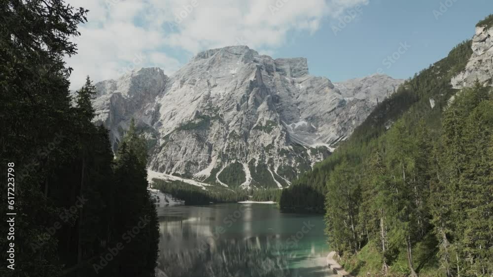 Aerial view of the Lago di Braies, taken rising, dolimites,Italy Aerial view of the Lago di Braies, taken rising, dolimites,Italy