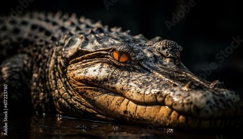 Large reptile resting in wetland, danger in animal teeth generated by AI