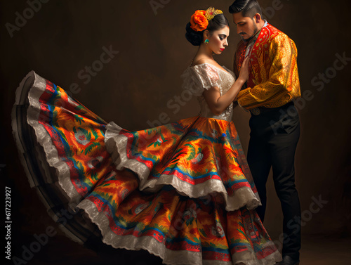 Pareja, bailarines, tradicional, colorido, folklore, latino, mexicano. ia generada