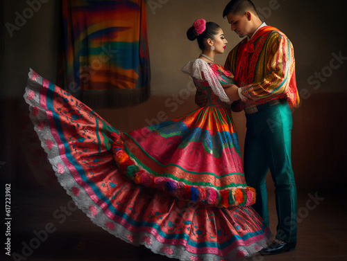 Pareja, bailarines, tradicional, colorido, folklore, latino, mexicano. ia generada photo