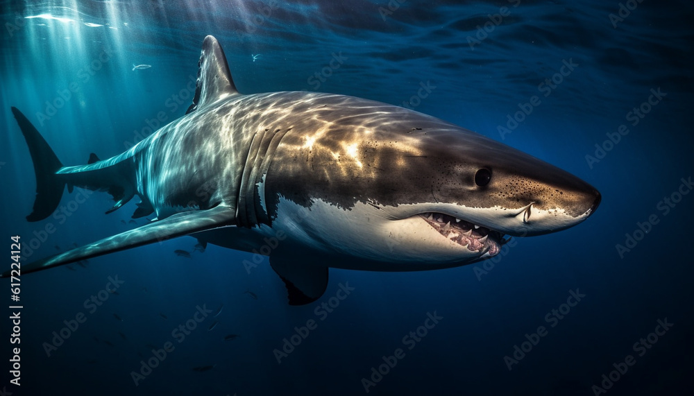 Fototapeta premium Majestic giant manta ray swimming in deep blue saltwater generated by AI