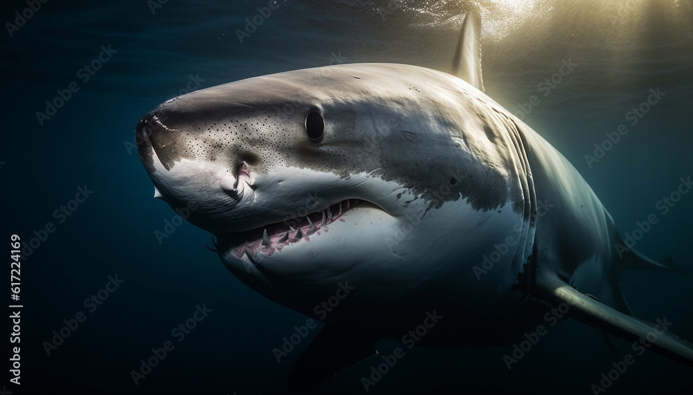 Fototapeta premium Majestic manta ray swimming in deep blue sea, awe inspiring illustration generated by AI