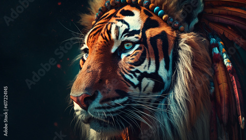 Majestic Bengal tiger staring with intense animal eyes in nature generated by AI © djvstock