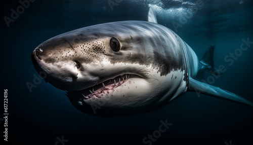 Majestic underwater mammal with sharp teeth and giant fin swimming close up generated by AI