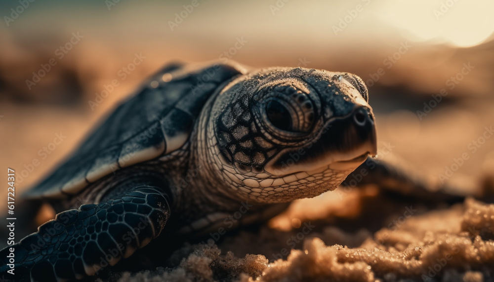 Cute turtle crawling on sand, focus on shell and head generated by AI Cute turtle crawling on sand, focus on shell and head generated by AI