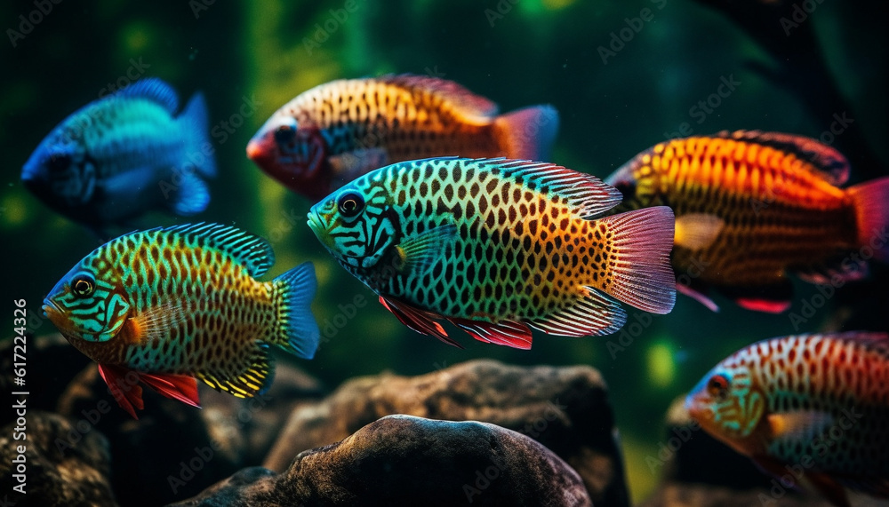 Multi colored striped school of fish swim in natural beauty below generated by AI Multi colored striped school of fish swim in natural beauty below generated by AI
