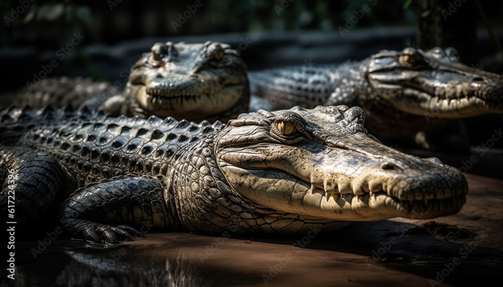 Fototapeta premium Large reptile in the wild, with dangerous teeth and aggression generated by AI