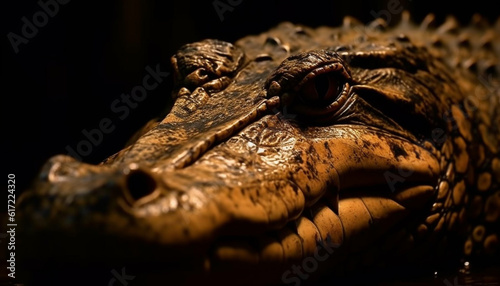 Furious crocodile spooky portrait, selective focus on dangerous animal teeth generated by AI © djvstock