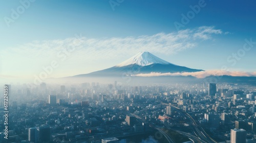 Aerial view of tokyo cityscape with fuji mountain in japan.