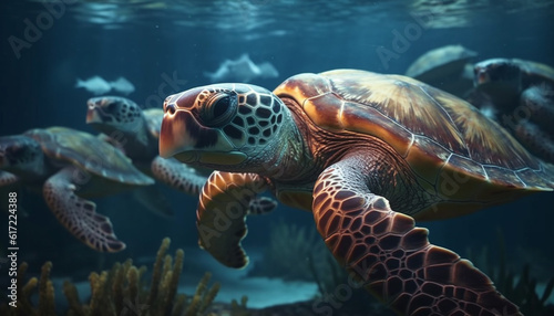 Multi colored sea turtle swims in idyllic underwater environment generated by AI