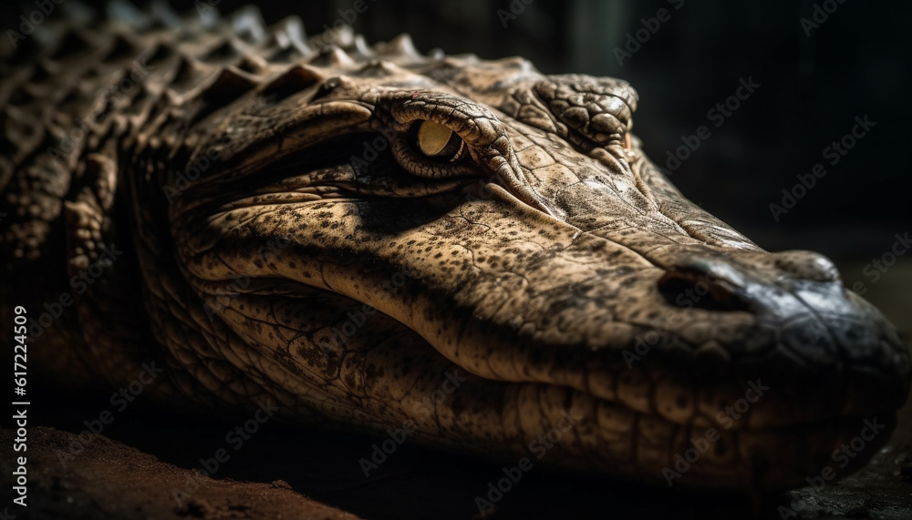 Fototapeta premium Poisonous crocodile fierce eyes and teeth in close up portrait generated by AI