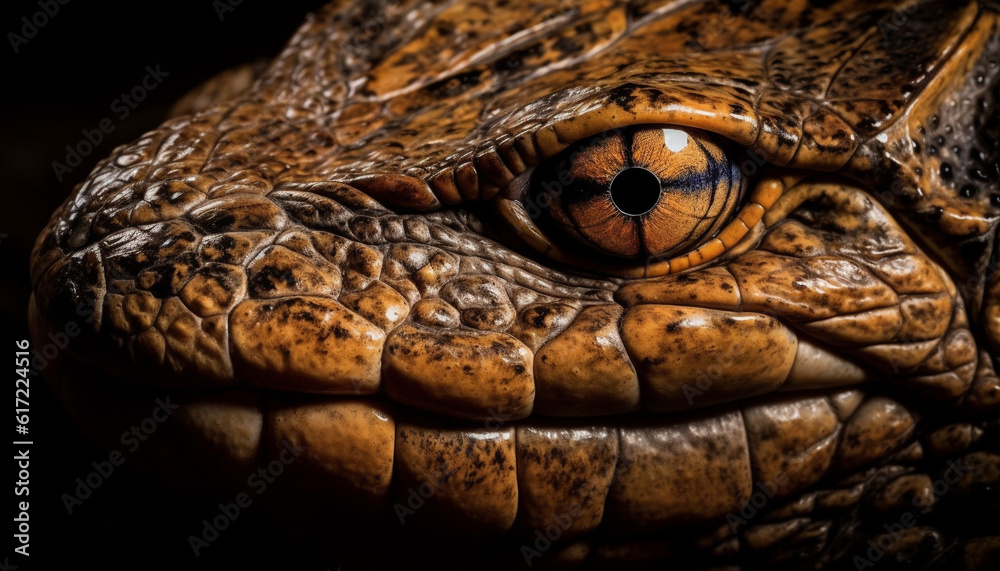 Fototapeta premium Animal skin pattern on reptile head, focus on foreground generated by AI