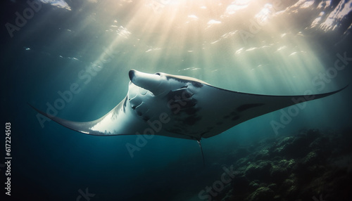 Majestic giant manta ray swimming in tropical reef blue water generated by AI