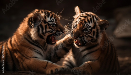 Close up portrait of two Bengal tigers staring with aggression generated by AI