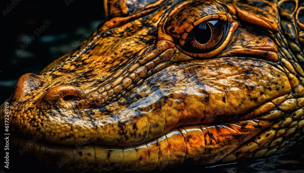 Green eyed crocodile in tropical rainforest, danger lurking in water generated by AI Green eyed crocodile in tropical rainforest, danger lurking in water generated by AI