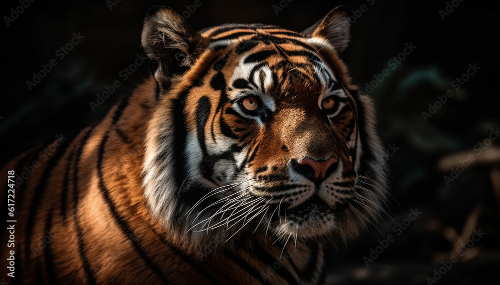 Close up portrait of majestic Bengal tiger staring with intense aggression generated by AI