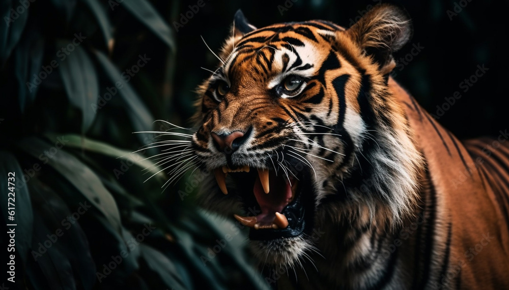 Fototapeta premium Bengal tiger staring fiercely, teeth bared, in tropical rainforest generated by AI