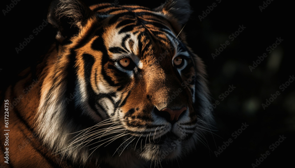 Majestic Bengal tiger staring with aggression in its animal eye generated by AI Majestic Bengal tiger staring with aggression in its animal eye generated by AI