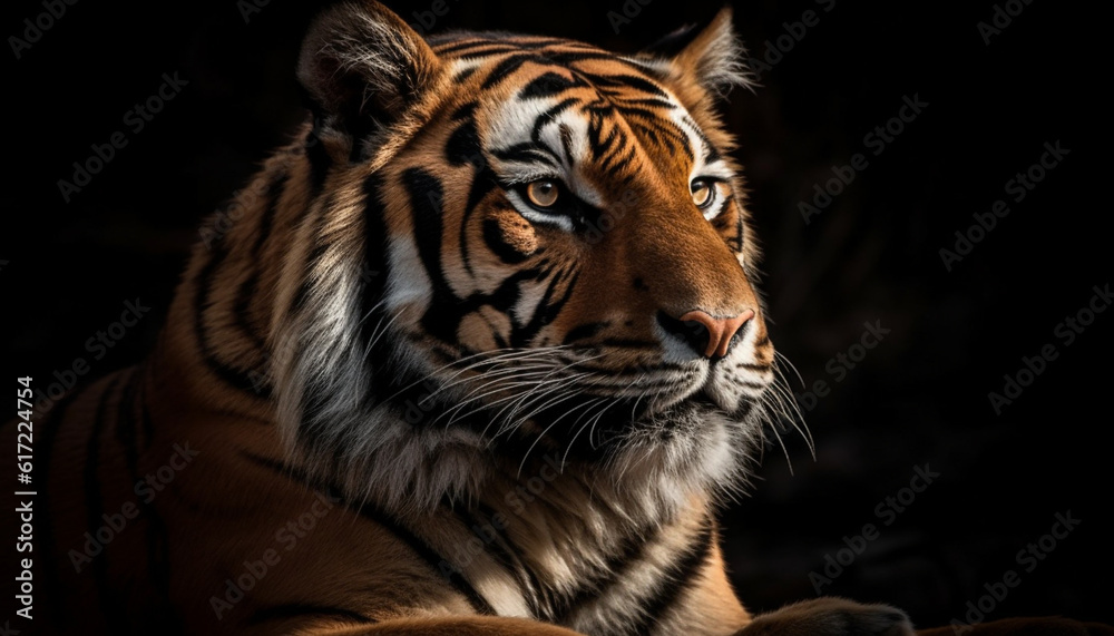 Naklejka premium Majestic Bengal tiger staring with aggression, beauty in nature pattern generated by AI