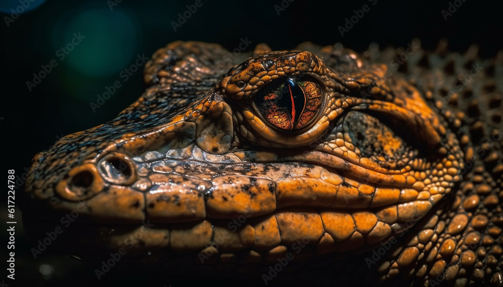 Fototapeta premium Poisonous reptile yellow scales patterned in the dark swamp water generated by AI