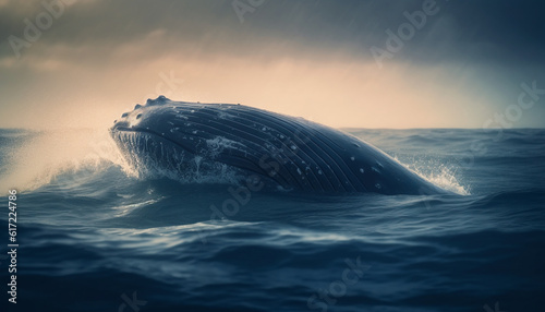 Majestic humpback breaches, tail fin splashing in tranquil seascape generated by AI