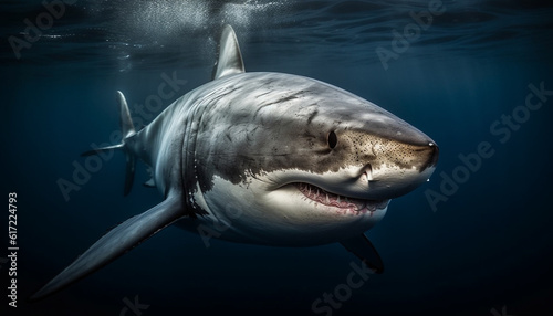 Majestic dolphin swimming in deep blue saltwater  teeth bared in awe generated by AI