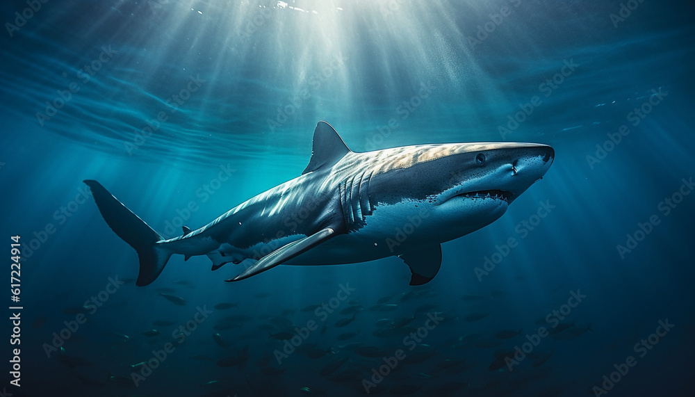 Obraz premium Majestic dolphin swimming close up in blue saltwater, surrounded by reef generated by AI