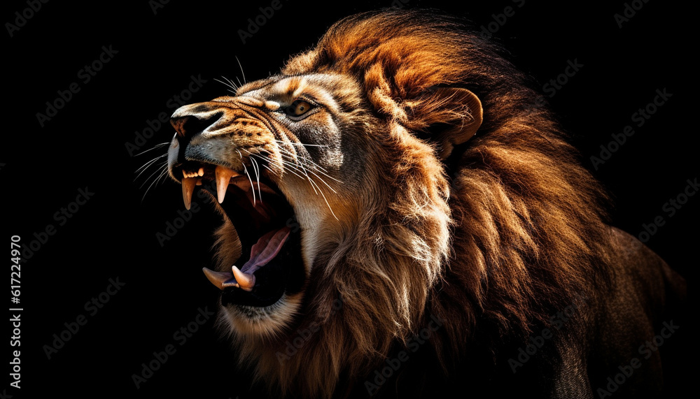 Naklejka premium Majestic feline with a furious roar, showcasing its sharp teeth generated by AI