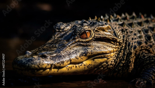 Crocodile head, teeth and eye in close up, dangerous predator generated by AI
