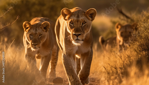 Majestic lioness and her cub walking in the African savannah generated by AI